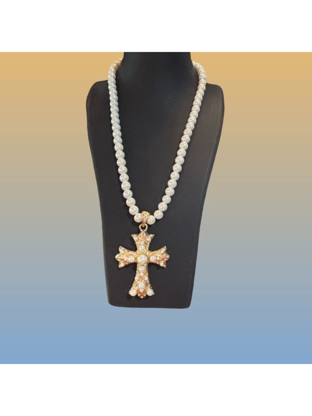 Faux Pearl Gold Tone Rhinestone Cross Necklace Gothic Statement Vintage Style - Picture 2 of 8